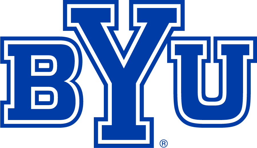 Blue BYU logo with white outline on a white background
