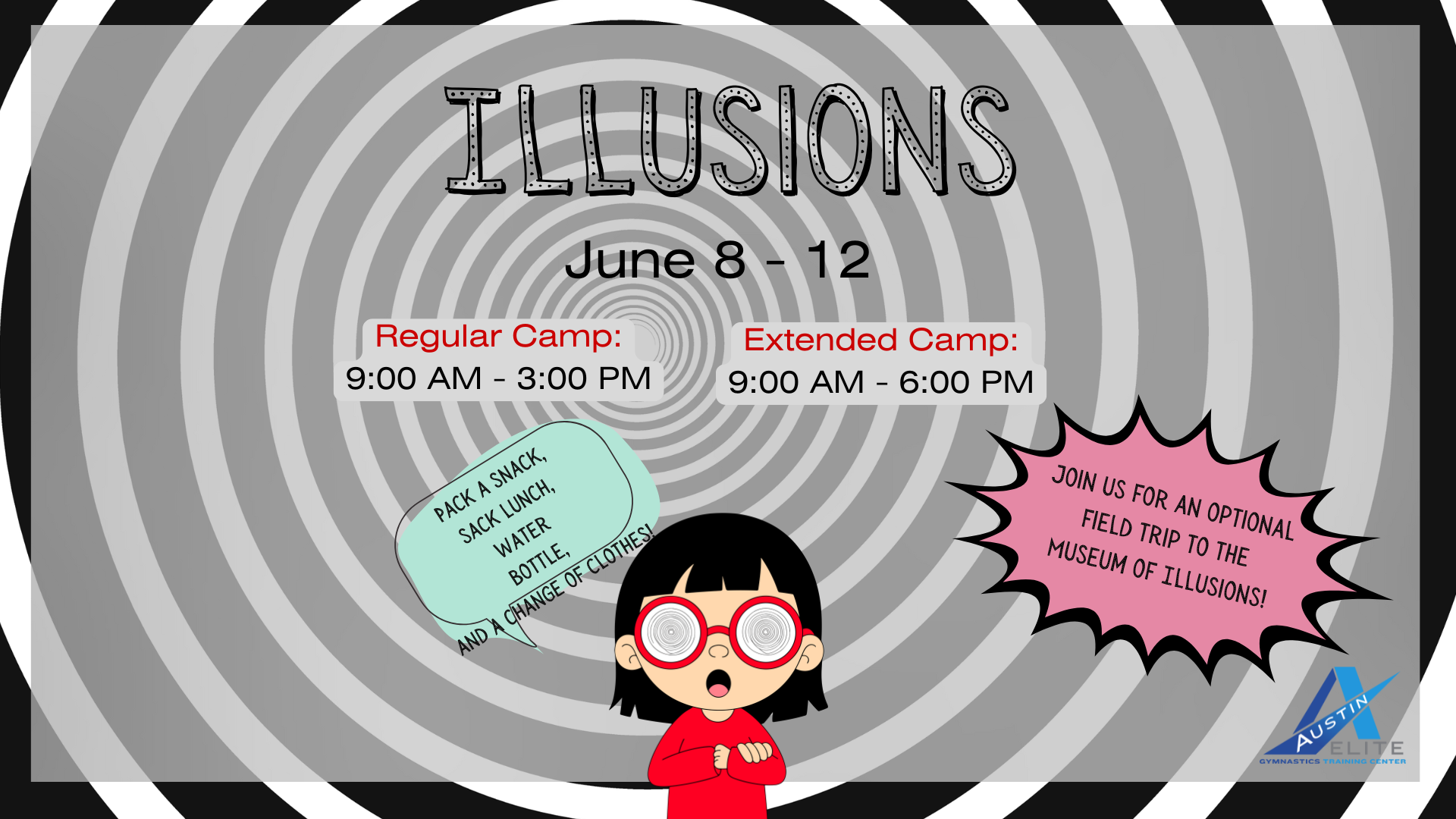 “Illusions” event flyer with dates, times, and a cartoon child wearing red glasses on a gray spiral background