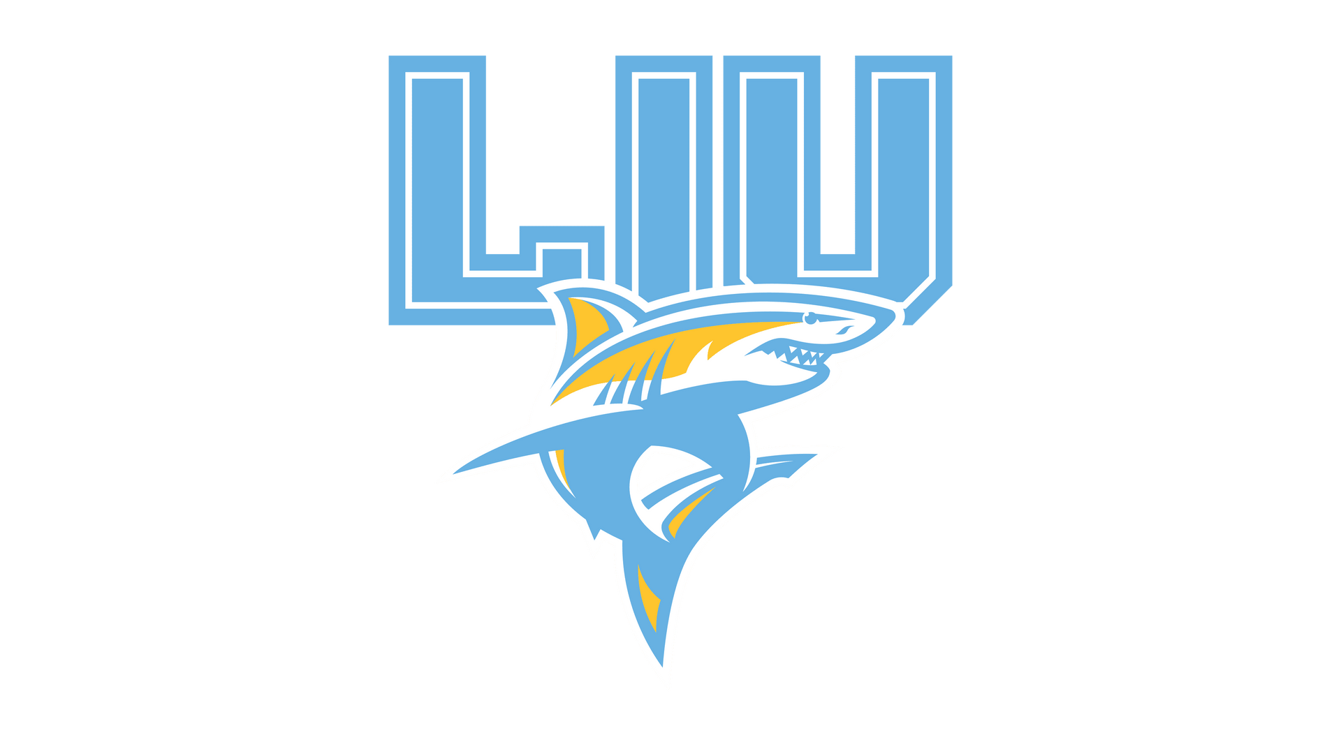Blue and gold LIU logo with a leaping shark over stylized letters