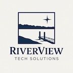 Riverview Tech Solutions logo with a river, dock, and star over a blue landscape.