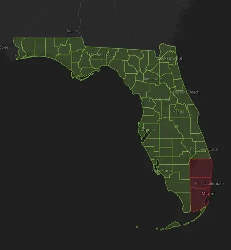 A map of the state of Florida with a red area in the middle.