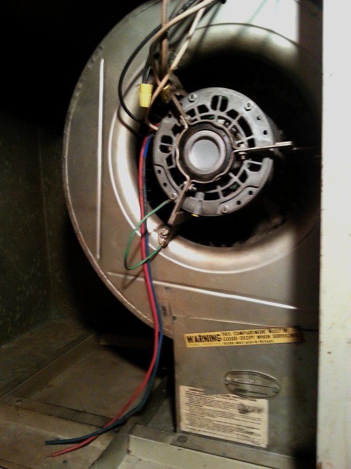 Furnace blower fan motor inside a metal housing, with electrical wires and a yellow capacitor visible.