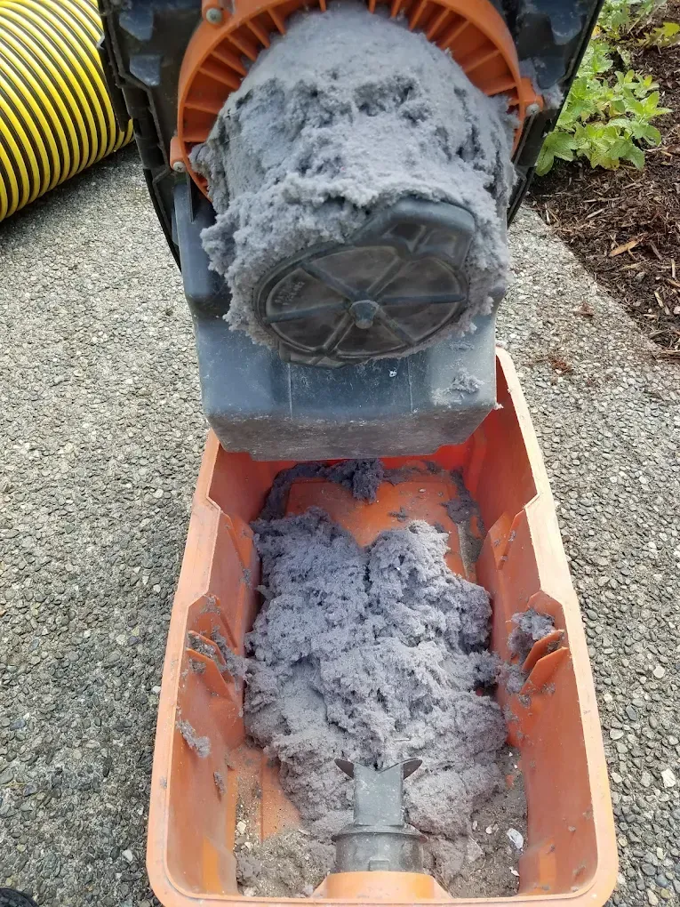 Orange vacuum cleaner with filter full of gray dust and debris, outside on concrete.