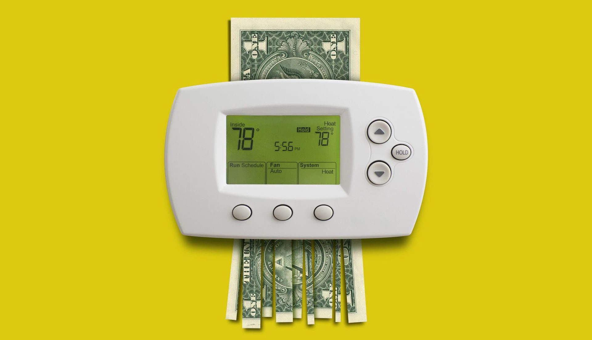 Thermostat shredding a dollar bill on a yellow background.
