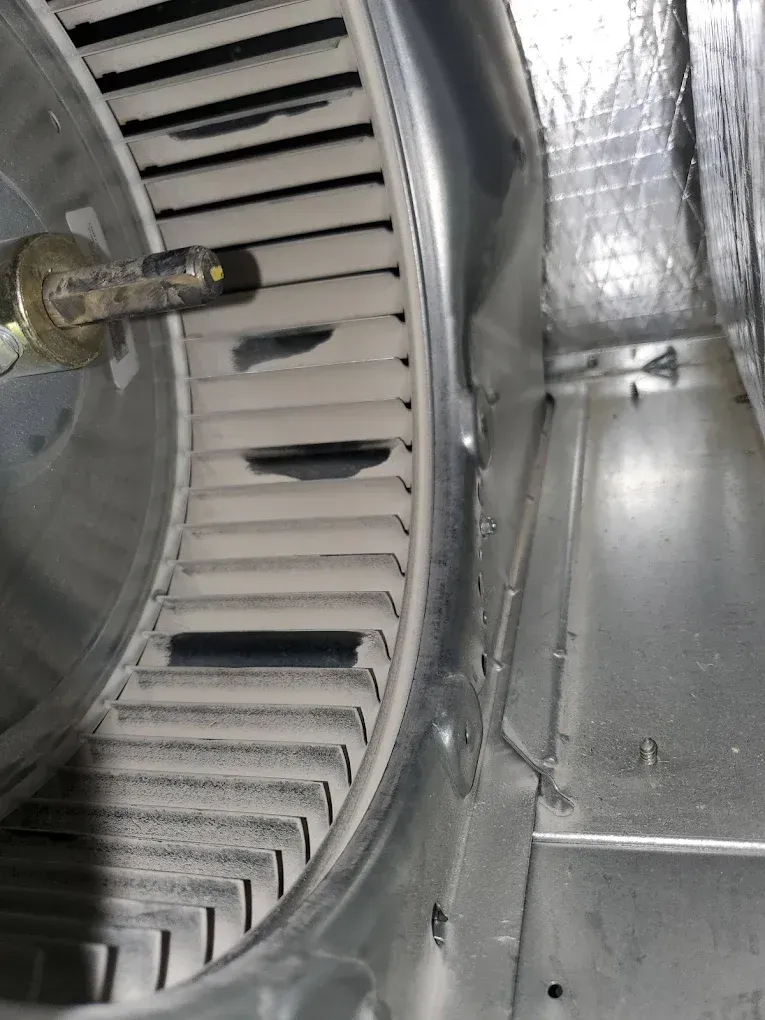 Close-up of a dusty blower wheel inside a metal air handler unit.