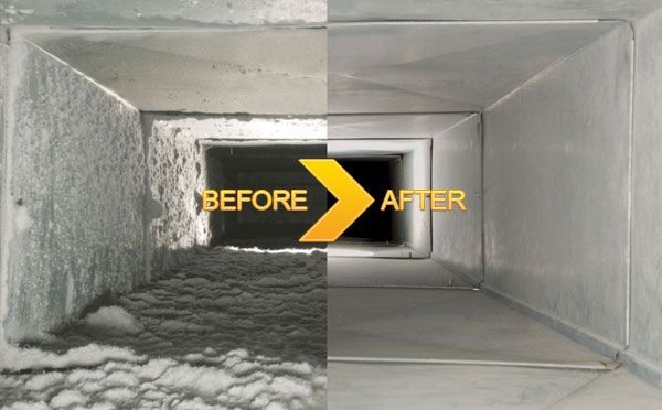 Comparison of air duct interior before and after cleaning; dirty vs. clean.
