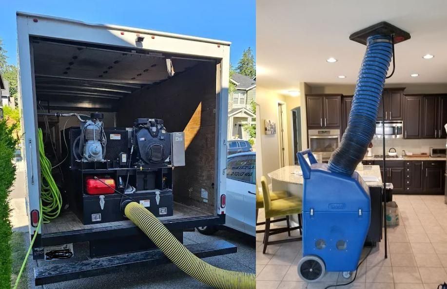 A truck with equipment for water damage repair, and a dehumidifier in a kitchen.