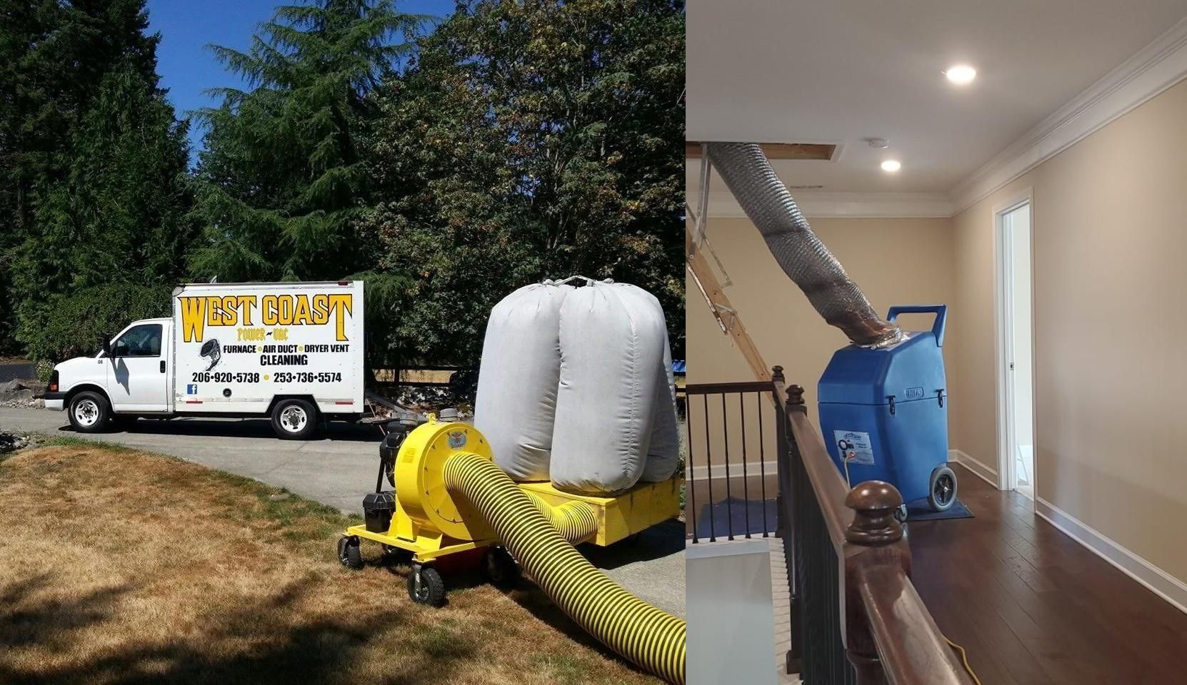 Truck with blower outside, hose to a machine inside a home's hallway, likely for insulation.