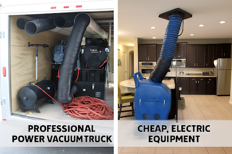 Comparison: professional power vacuum truck in a trailer versus cheap electric equipment in a kitchen.