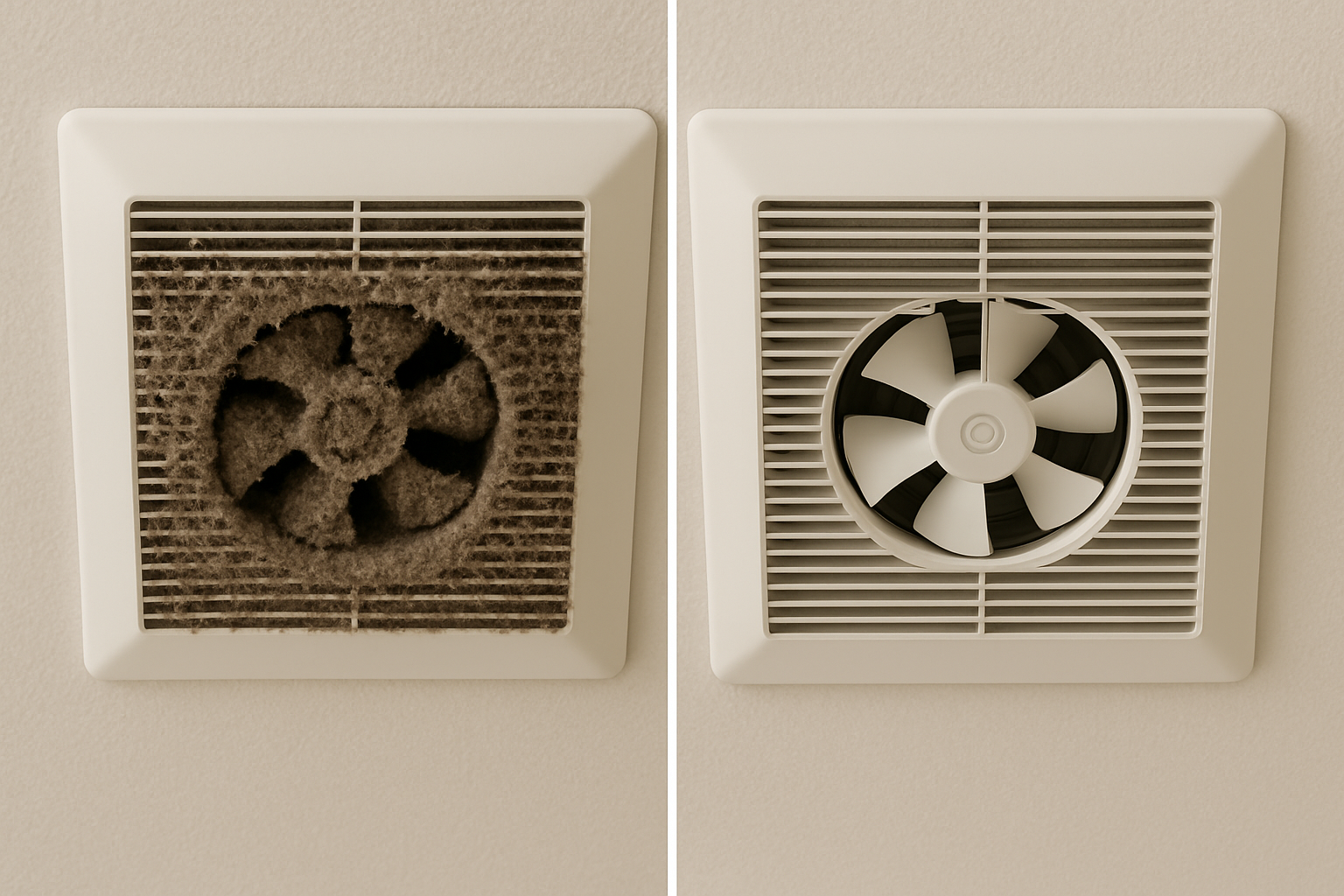 A dirty and clean bathroom exhaust fan. One caked in dust, the other clean with white blades.