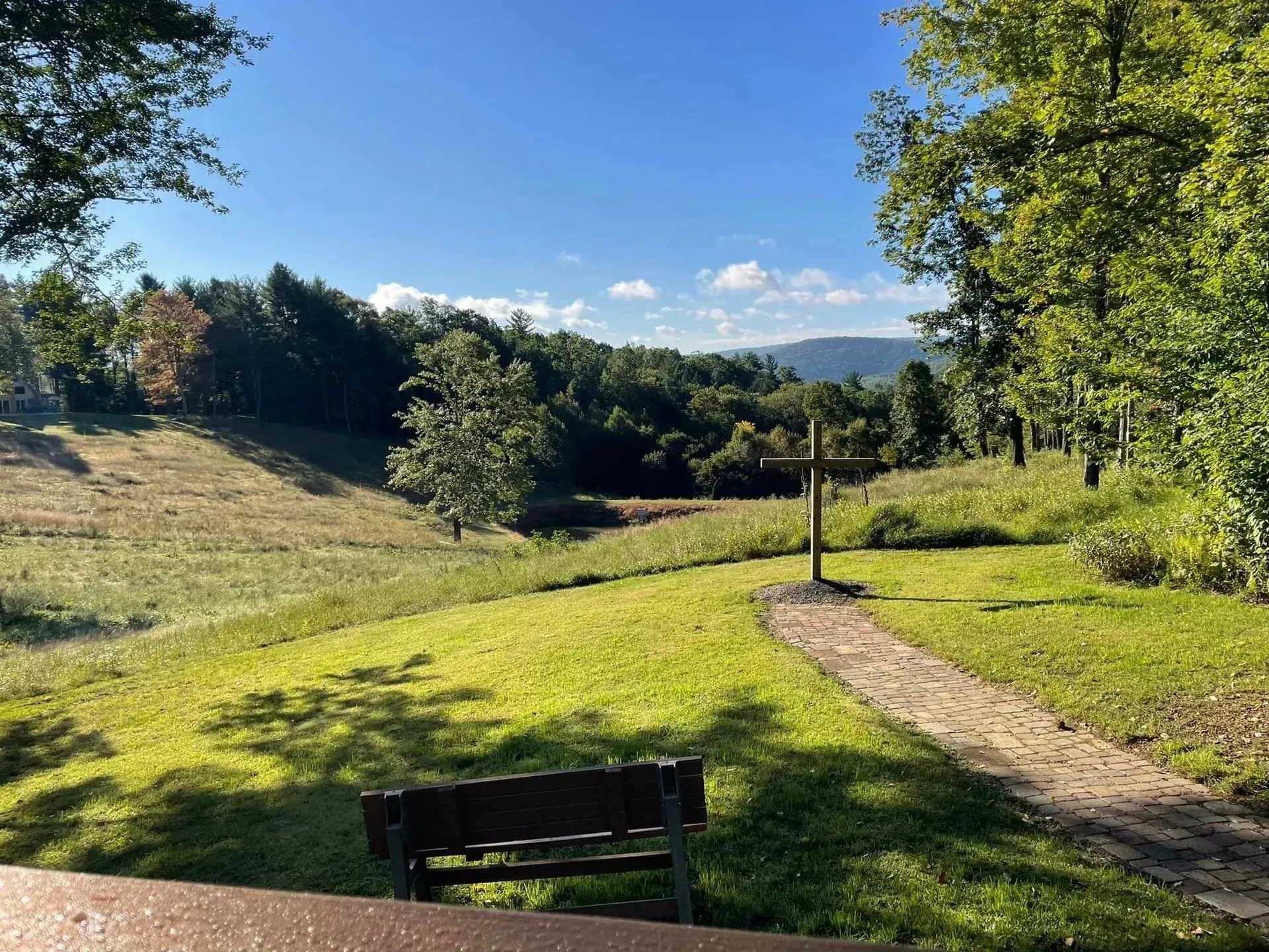 A wooden cross stands on a grassy hill overlooking a forested valley with a bench in the foreground on a sunny day.