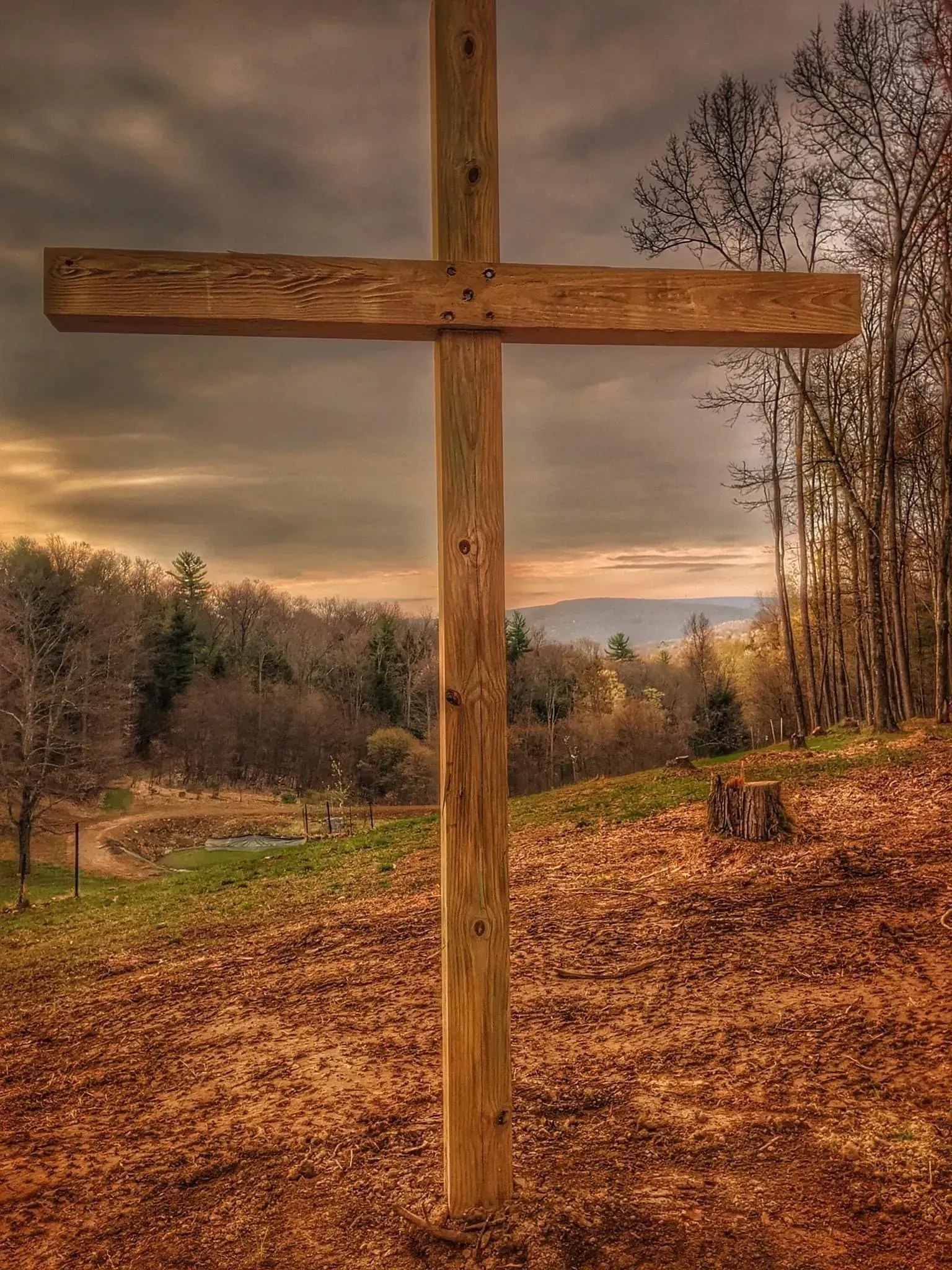 A rustic wooden cross stands in a field covered in fallen autumn leaves, with a forested hillside in the background.