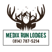 Logo for Medix Run Lodges featuring a deer antler silhouette with mountain and forest imagery, and phone number below.