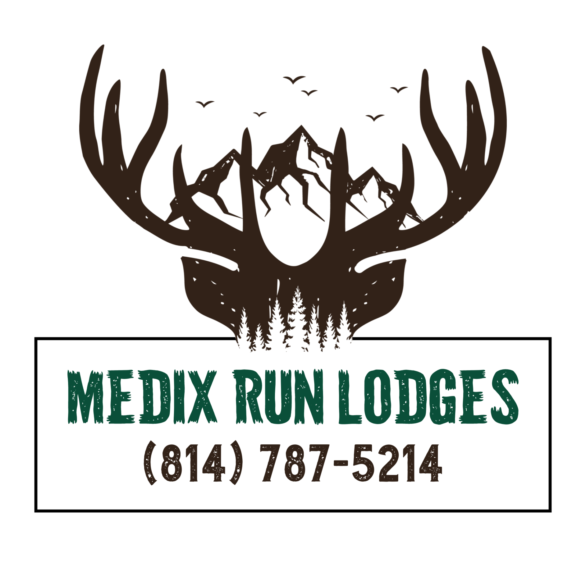 Logo for Medix Run Lodges featuring a deer antler silhouette with mountain and forest imagery, and phone number below.