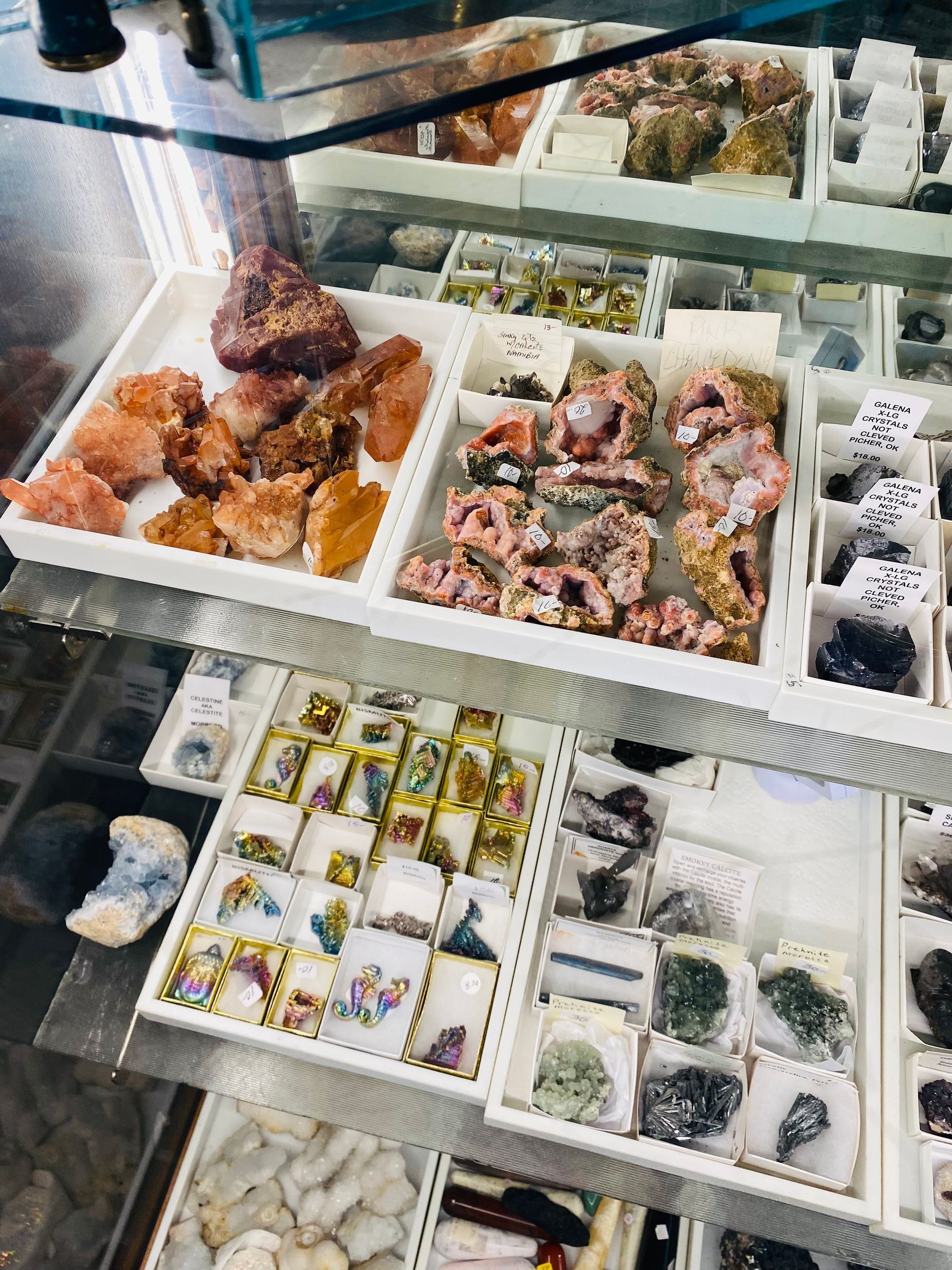 Glass display case of assorted pastries and cookies in trays, with a hand reaching in from above