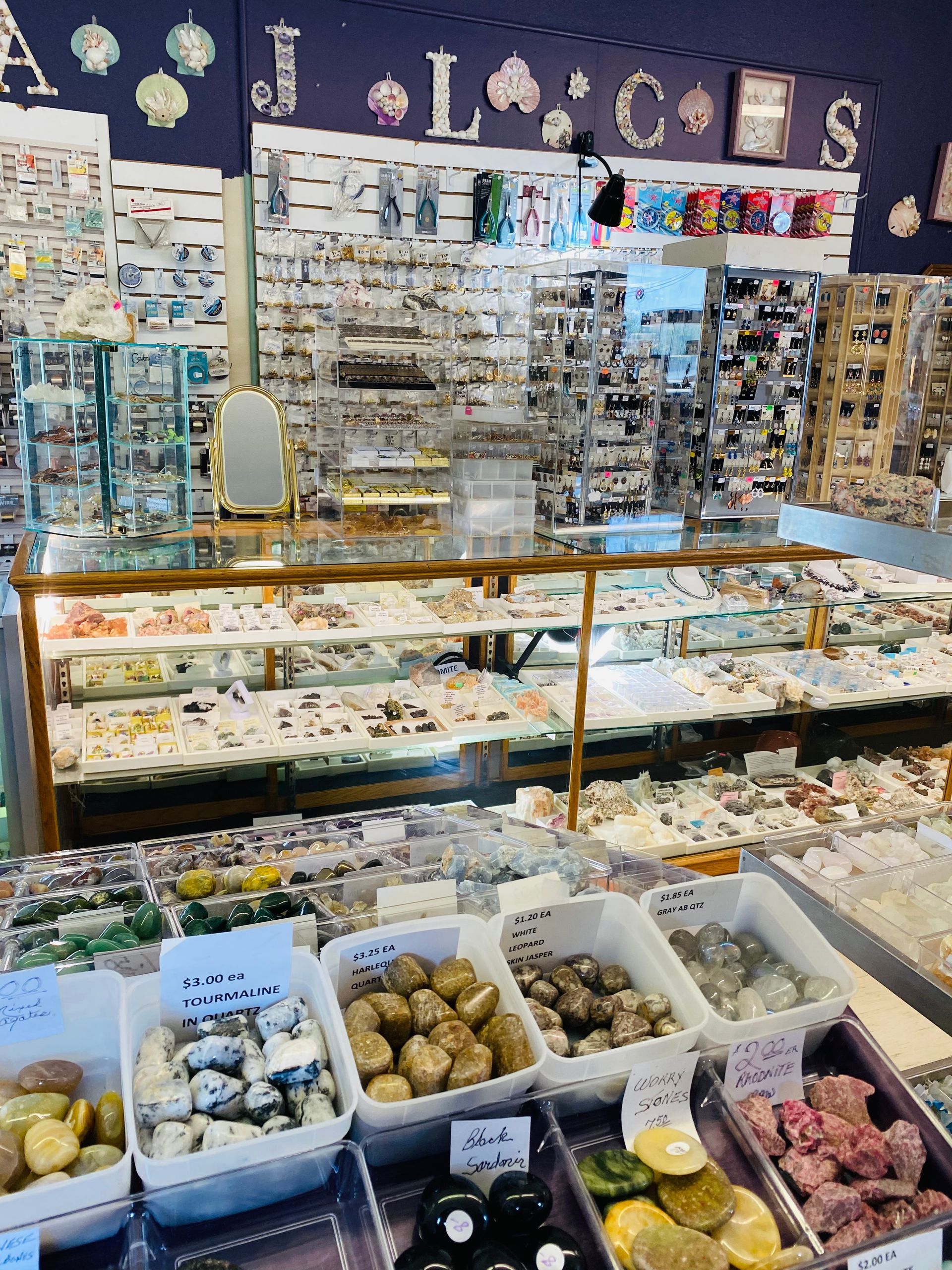 Candy shop display with bins of assorted sweets and a wall of packaged treats behind the counter