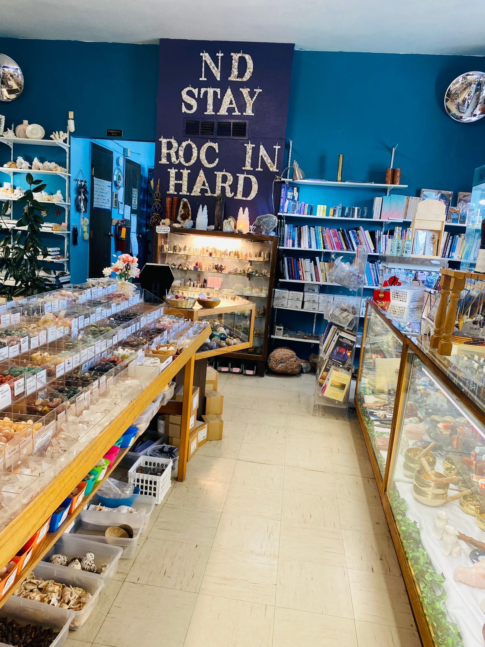 Blue rock shop interior with glass display cases, shelves of crystals, and a “Rock Hard” wall sign