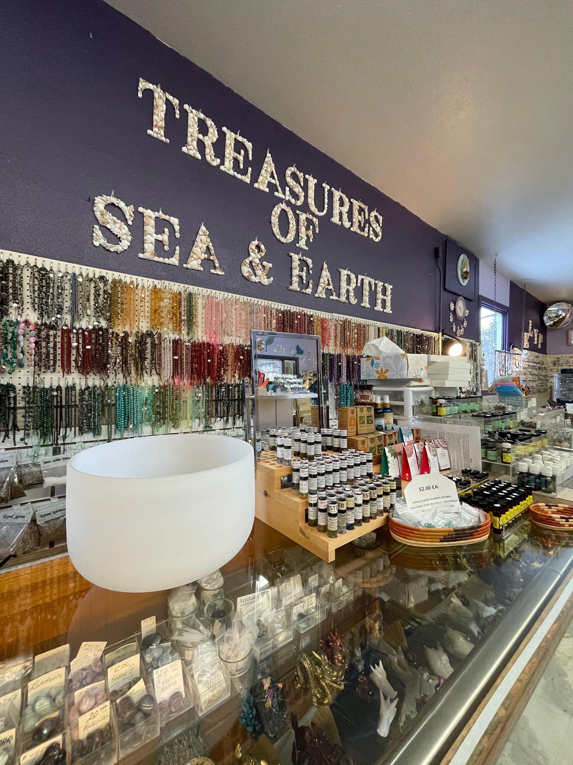 Jewelry shop display with seashell signs, bracelets, and rings behind a glass counter