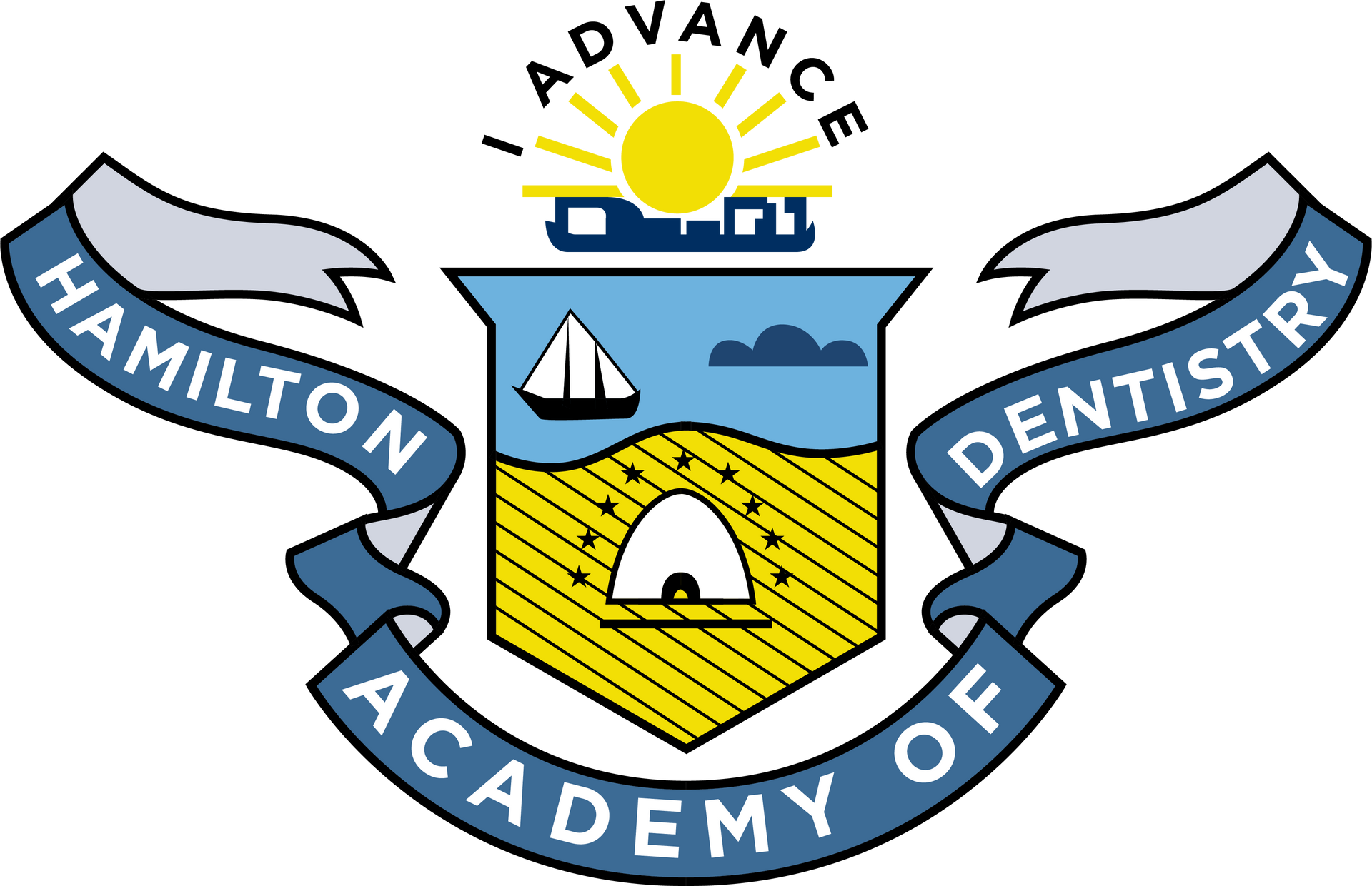 Hamilton Academy of Dentistry crest with a sun, boat, and hive on a shield, ribbons with text.