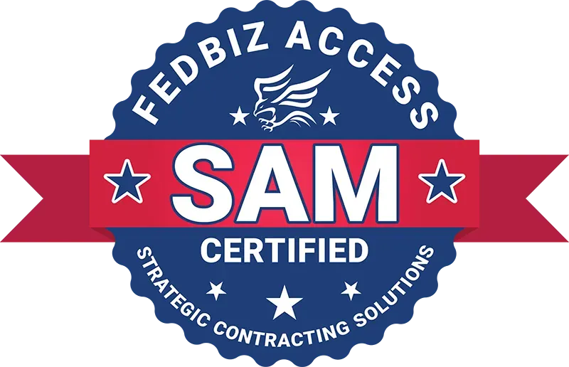 FedBiz Access SAM certified badge in blue, red, and white with star icons