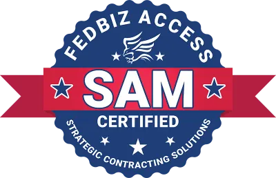 FedBiz Access SAM Certified Badge FedBiz Access SAM certified badge in blue, red, and white with star icons