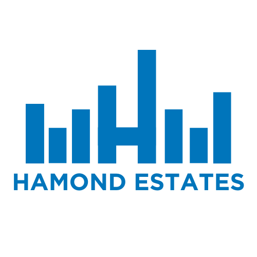 The Hamond Companies logo, which consists of  six vertical rectangles of varying lengths with an asymmetrical uppercase 'H' in the center,  with the name of the company 'Hamond Estates' beneath , all uppercase in a Sans serif font.. The entire logo is in the same shade of medium blue