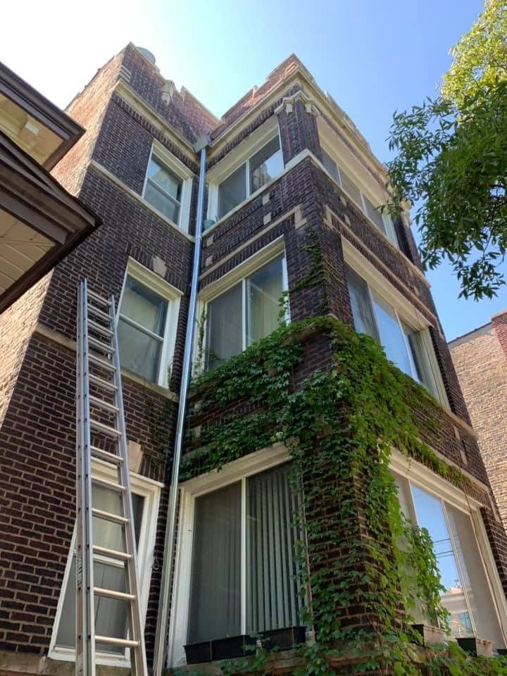 Brick townhouse with ivy-covered facade and tall windows, viewed from below under a clear blue sky