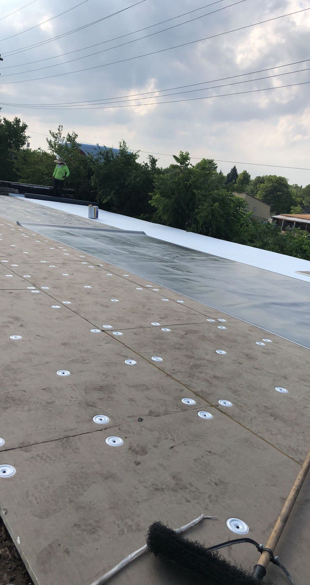 Outdoor flat rooftop with white coating, string lights overhead, and trees in the distance.