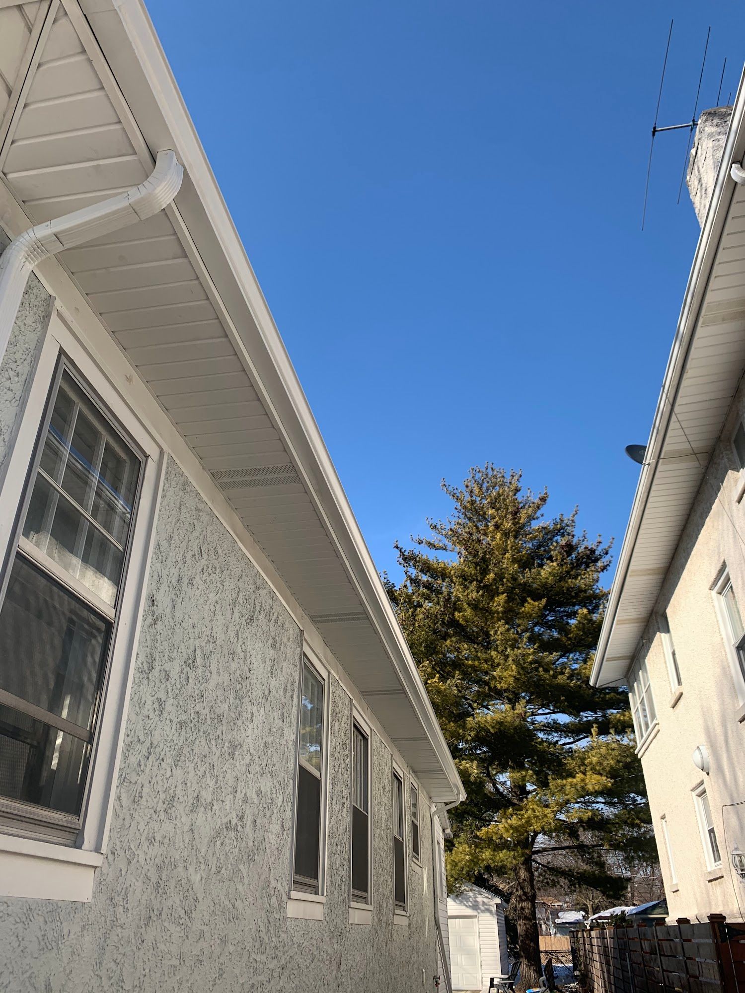 Narrow gap between two light-colored buildings under a clear blue sky, with a tall tree in the distance