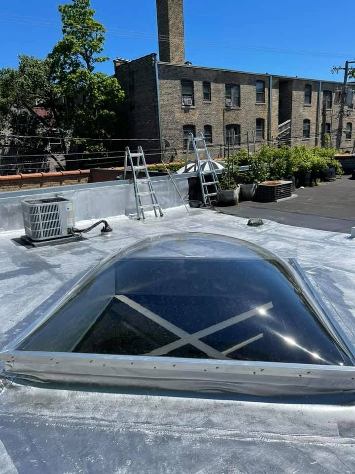 Rooftop with skylight dome, ladders, potted plants, and brick building under a clear blue sky
