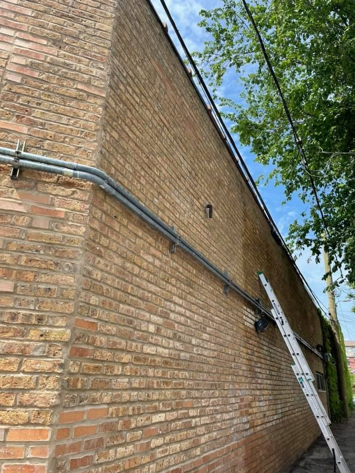Brick building wall with metal conduit and a ladder leaning up beside a tree
