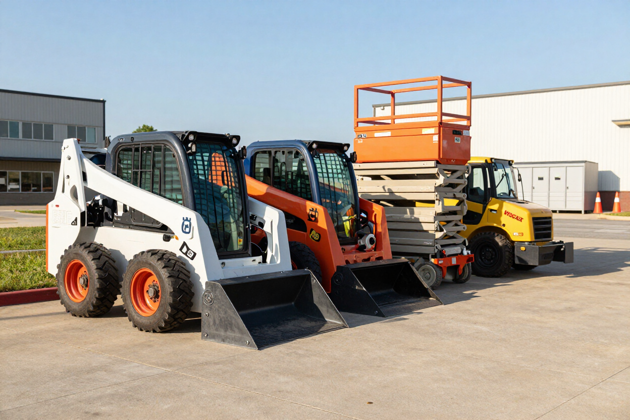 Temple Rents Inc equipment yard in Indianapolis featuring BobCat, Husqvarna, Bil-Jax, and Wacker rental equipment.