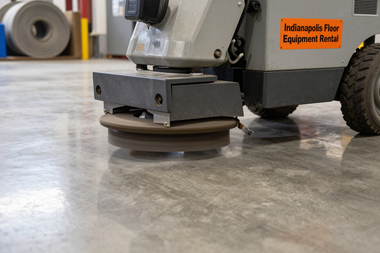 Floor grinder in use on a polished concrete warehouse floor — floor equipment rental Indianapolis