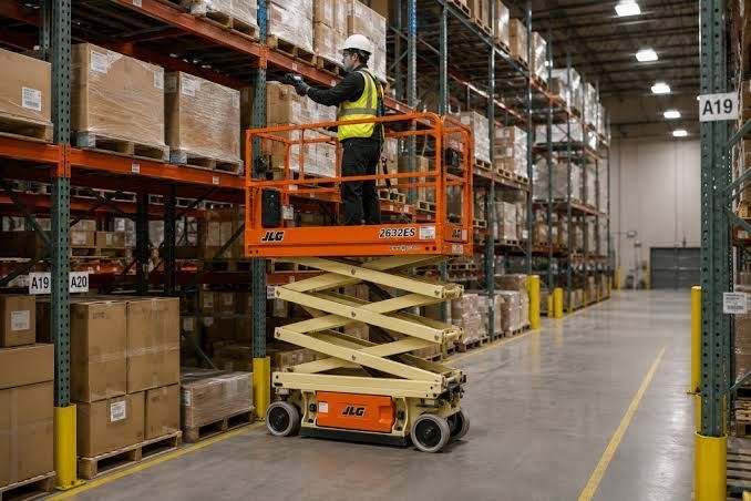 Manlift rental Indianapolis – scissor lift in a warehouse for overhead access work.