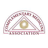Logo for the Complementary Medicine Association with maroon text and gold swirl inside a triangle