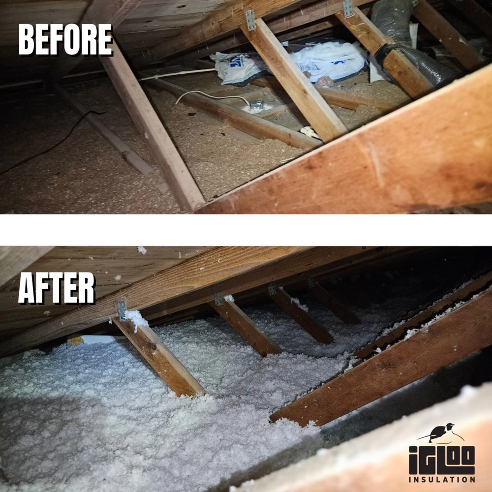 A picture of an attic before and after insulation by igloo insulation