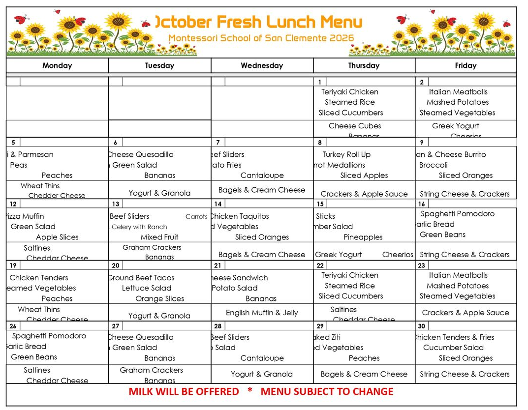 October Lunch Menu