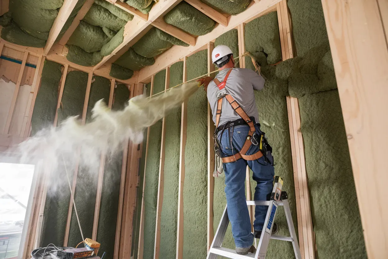 Construction worker spraying insulation into a wall frame; green insulation, safety harness, hard hat, interior setting.