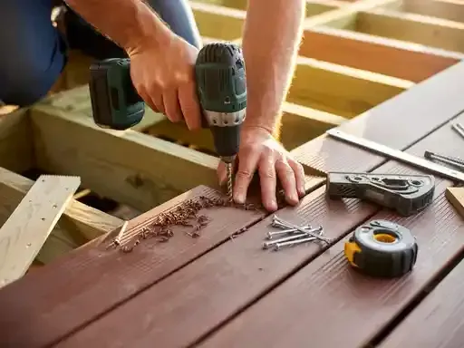 Man using a drill to attach boards while building a wooden deck.
