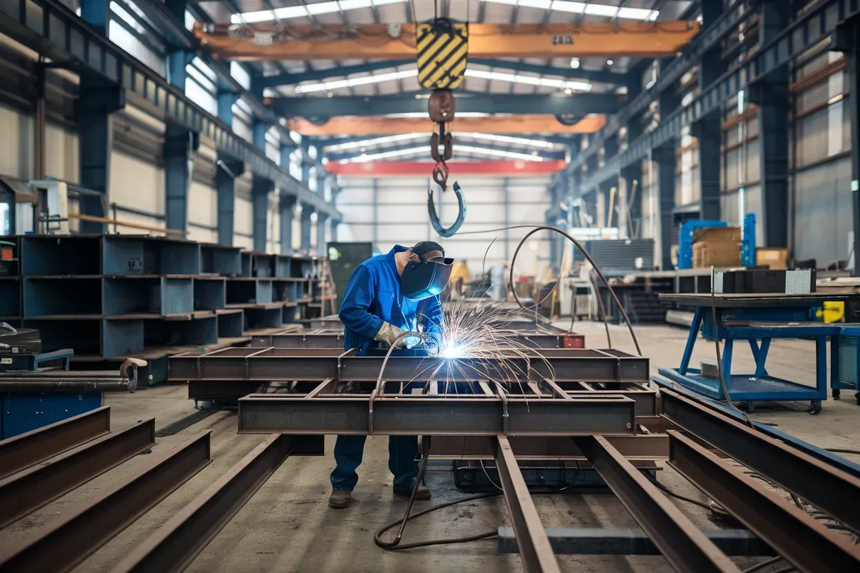 Welder in blue suit welds metal frame in a large industrial workshop.