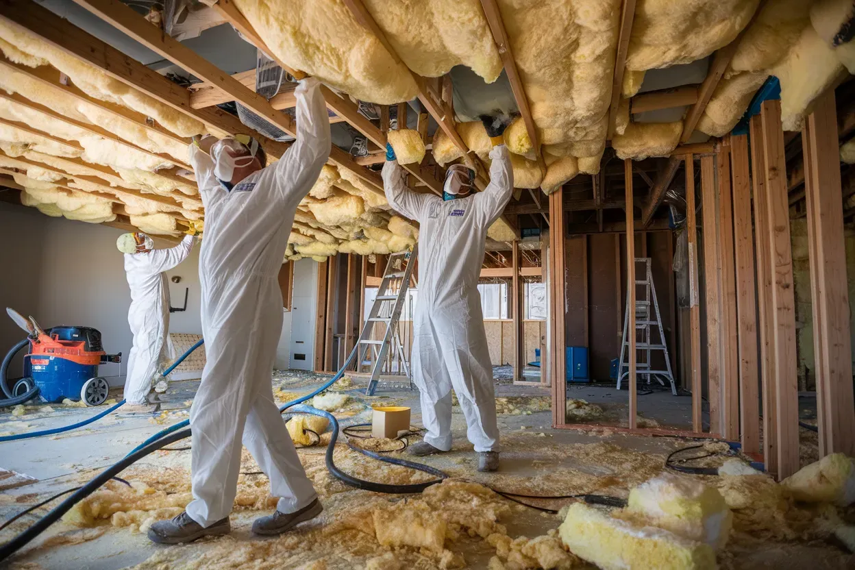 Workers in white protective suits installing spray foam insulation in a building.