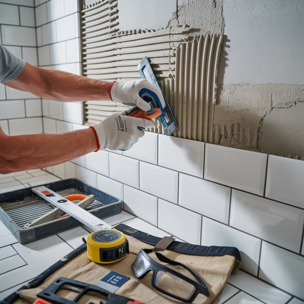 Person tiling a wall with white subway tiles in a bathroom, using a notched trowel and wearing gloves.