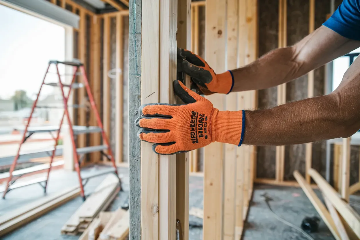 Person tiling a white subway tile wall in a bathroom, using a notched trowel and wearing gloves.