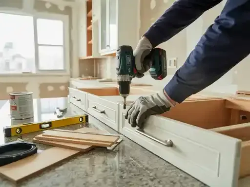 Person using a drill to install a cabinet drawer in a kitchen under renovation.