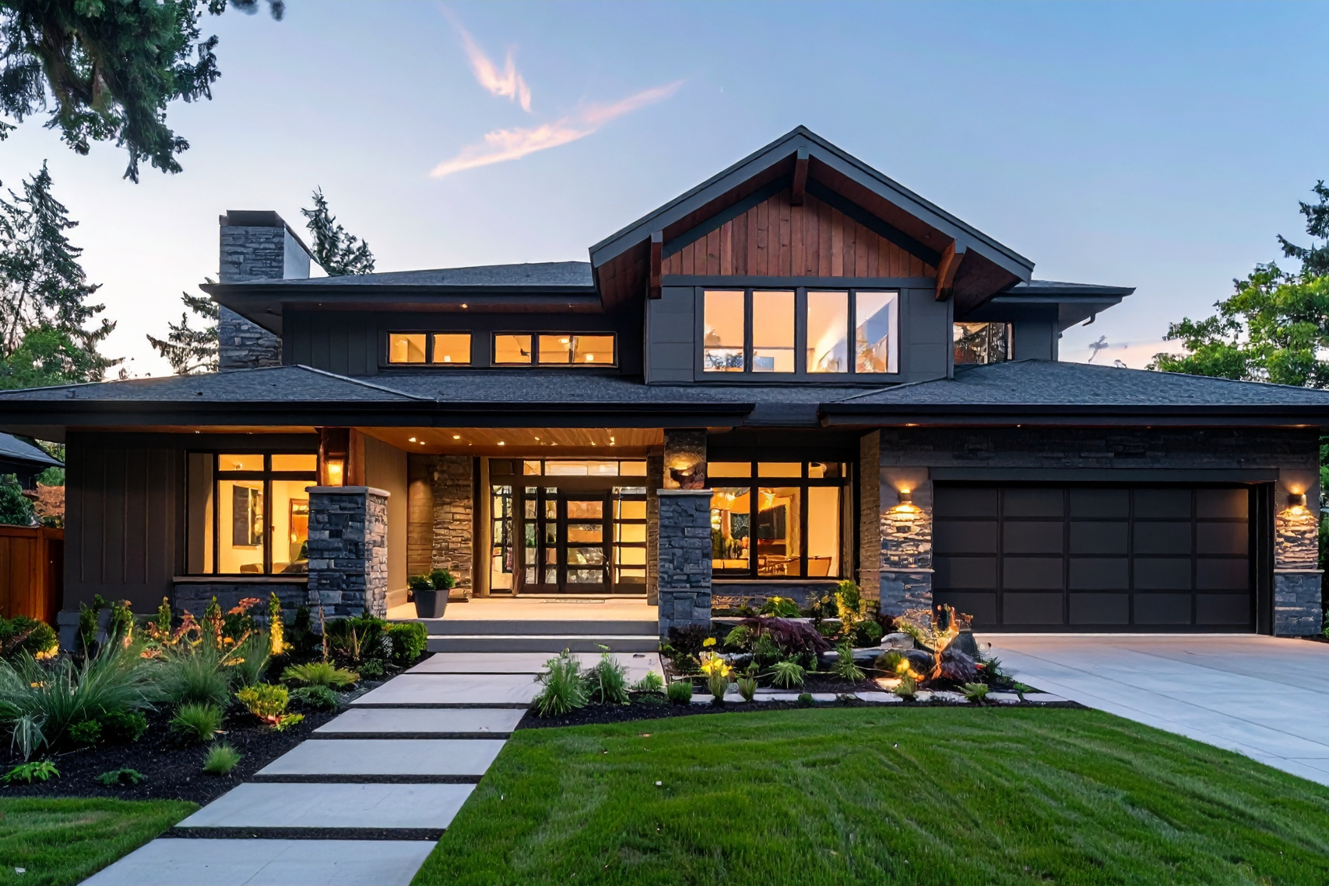 Modern two-story house with warm interior lights, stone facade, and a front walkway at dusk