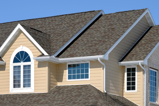 Suburban house roof with beige siding, white trim, and a large arched window
