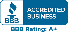 Better Business Bureau accredited business logo on a blue rounded rectangle