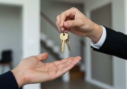 Handing over a set of house keys above an open palm in a bright indoor space