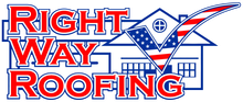 Right Way Roofing logo in red and blue with a house roof graphic and striped American flag design