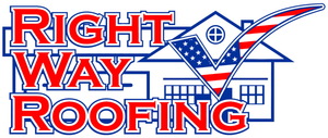 Right Way Roofing logo in red and blue with a house roof graphic and striped American flag design